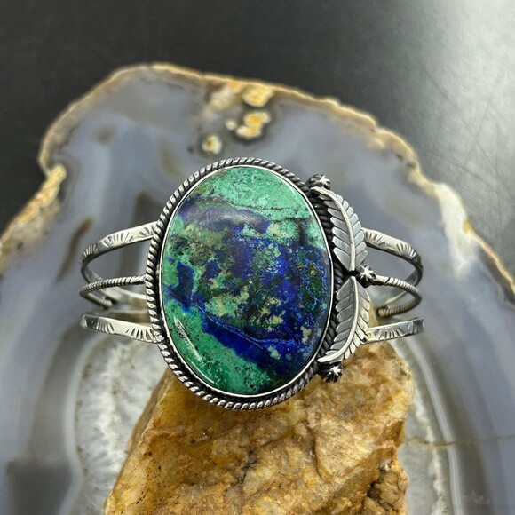 Sterling Silver Southwestern Style Oval Azurite Decorated Bracelet For Women - Picture 5 of 10